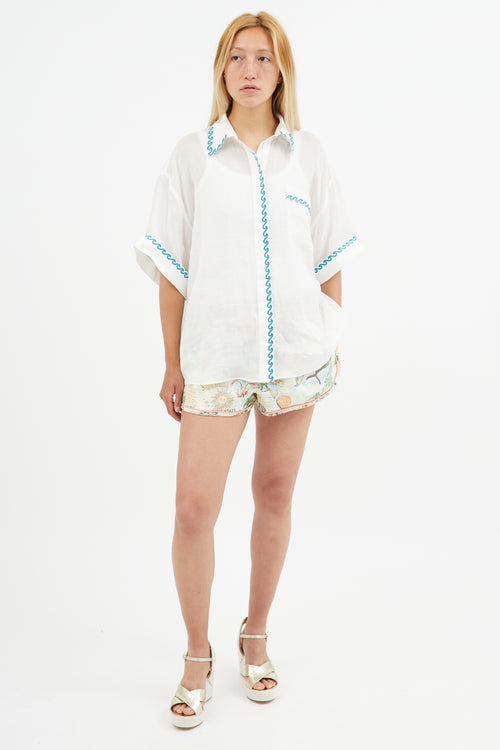 Zimmermann White & Blue Wave Embroidered Semi Sheer Shirt