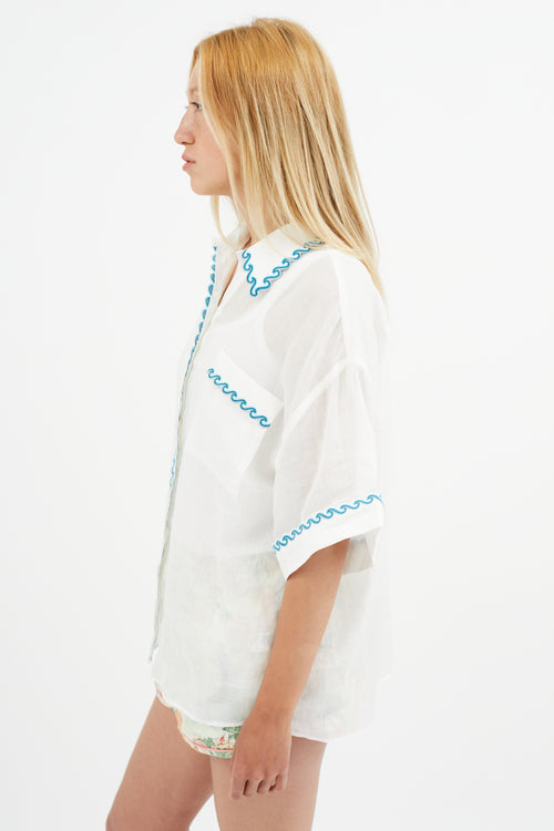Zimmermann White & Blue Wave Embroidered Semi Sheer Shirt