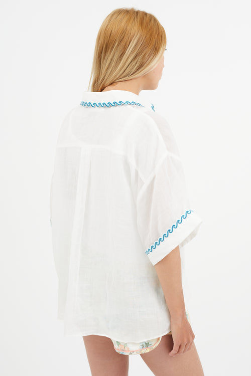 Zimmermann White & Blue Wave Embroidered Semi Sheer Shirt