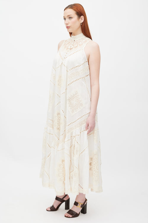 Zimmermann White & Cream Crochet Lace Panel Dress