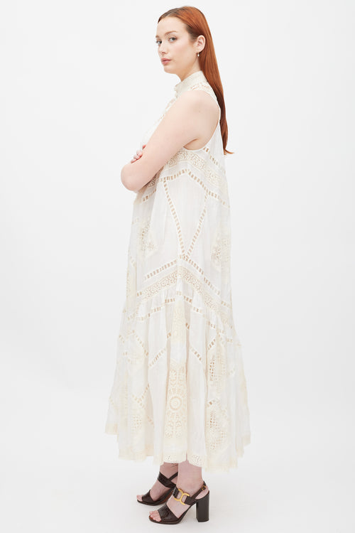 Zimmermann White & Cream Crochet Lace Panel Dress