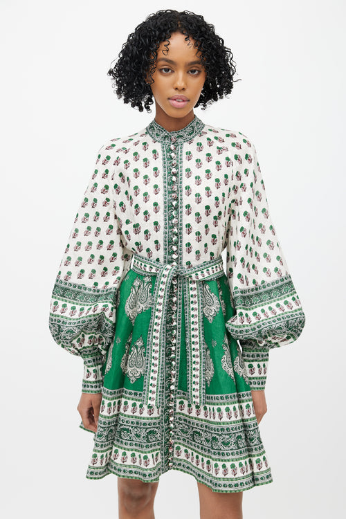 Zimmermann White & Green Linen Amari Floral Dress