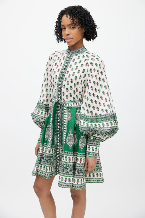 Zimmermann White & Green Linen Amari Floral Dress