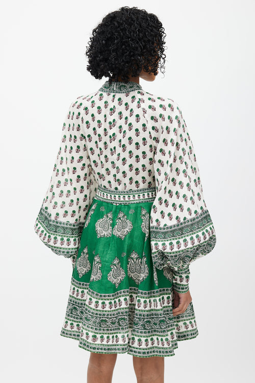 Zimmermann White & Green Linen Amari Floral Dress