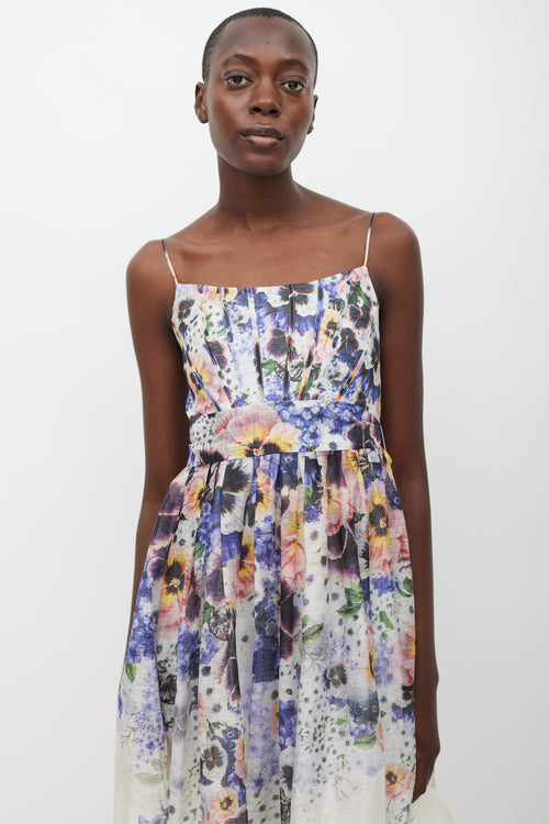 Zimmermann White & Multicolour Linen Floral Corseted Dress