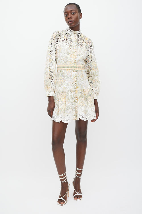 Zimmermann White & Multicolour Linen Floral Eyelet Dress