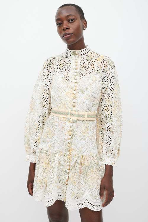 Zimmermann White & Multicolour Linen Floral Eyelet Dress