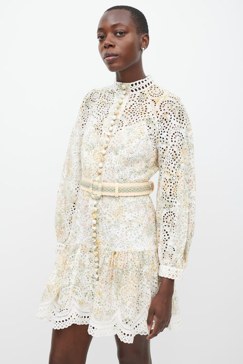 Zimmermann White & Multicolour Linen Floral Eyelet Dress