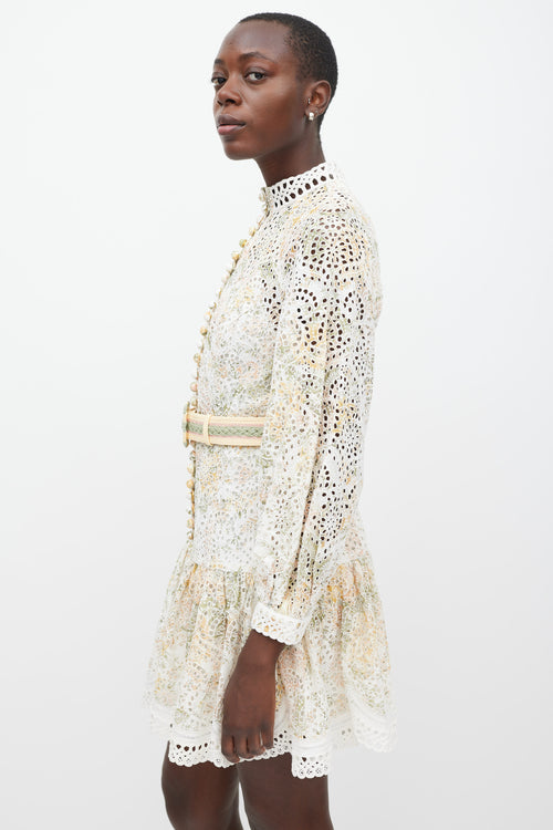 Zimmermann White & Multicolour Linen Floral Eyelet Dress