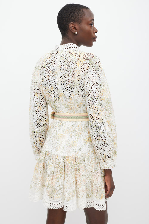 Zimmermann White & Multicolour Linen Floral Eyelet Dress
