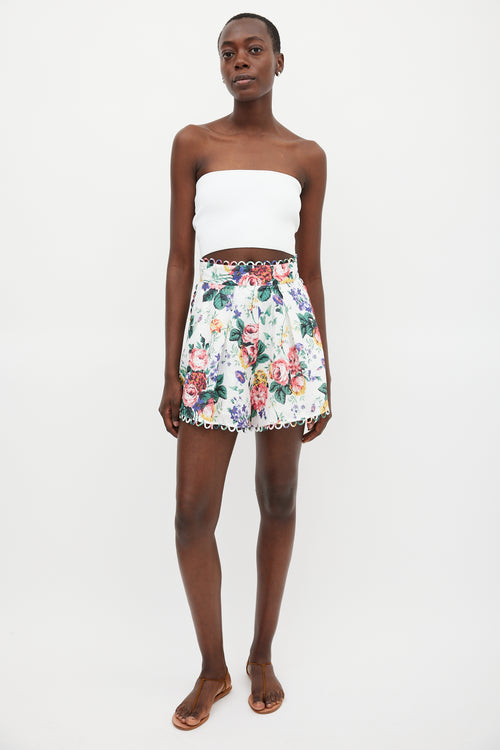 Zimmermann White & Multicolour Linen Floral Scalloped Short