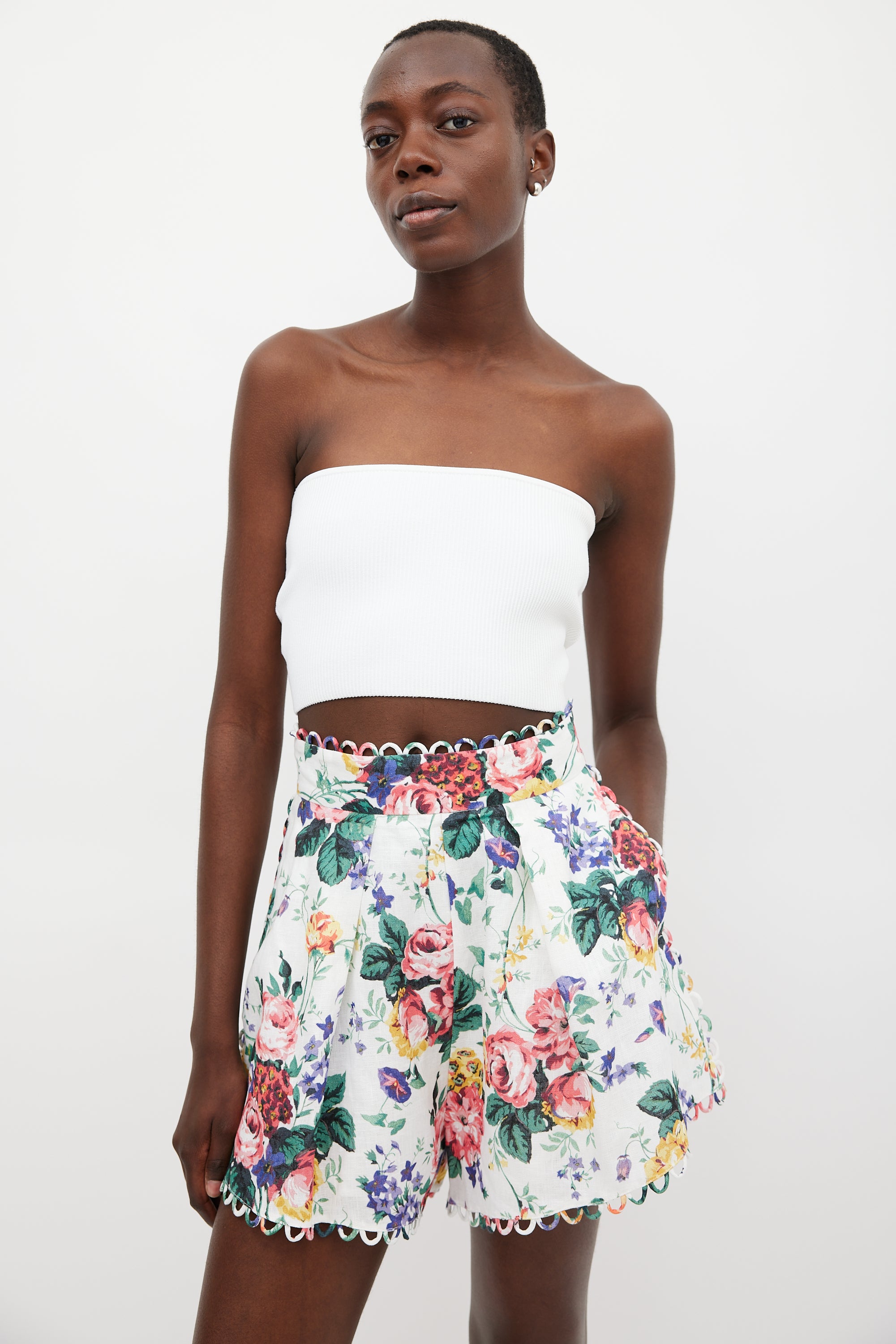 Zimmermann White & Multicolour Linen Floral Scalloped Short