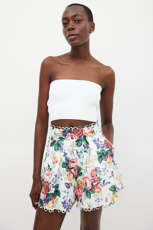 Zimmermann White & Multicolour Linen Floral Scalloped Short