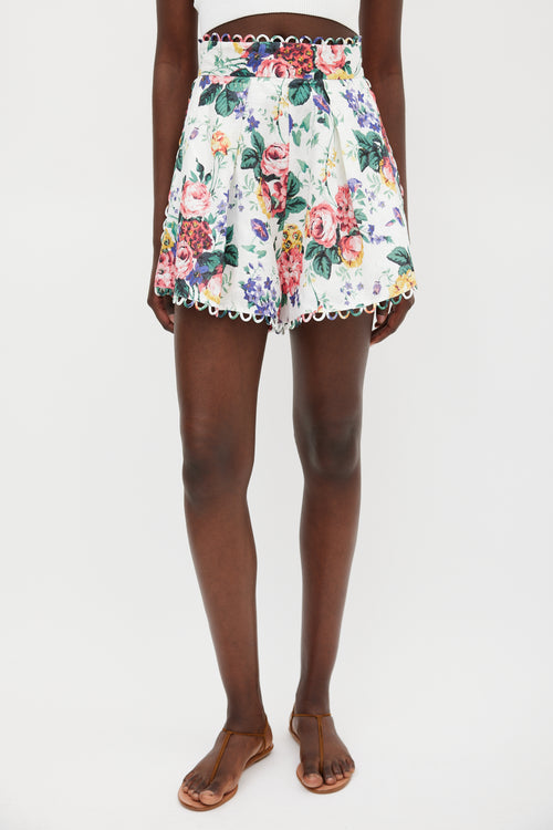 Zimmermann White & Multicolour Linen Floral Scalloped Short