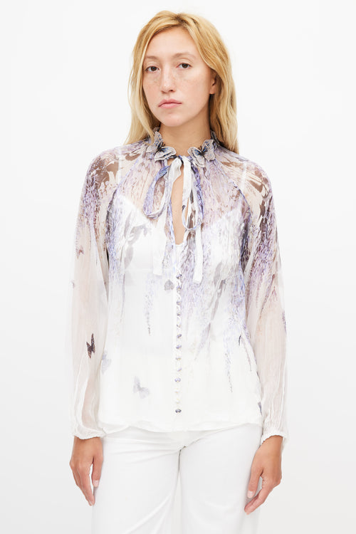 Zimmermann White & Purple Silk Floral Embroidered Blouse