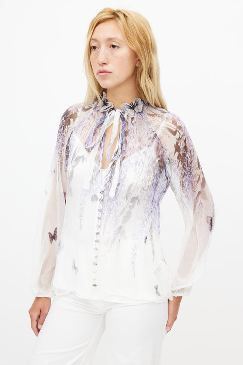 Zimmermann White & Purple Silk Floral Embroidered Blouse