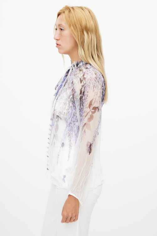 Zimmermann White & Purple Silk Floral Embroidered Blouse