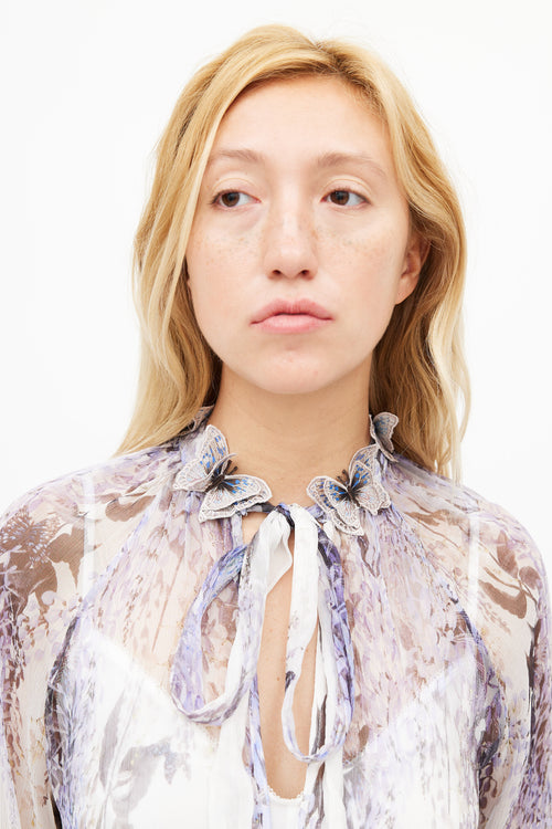 Zimmermann White & Purple Silk Floral Embroidered Blouse