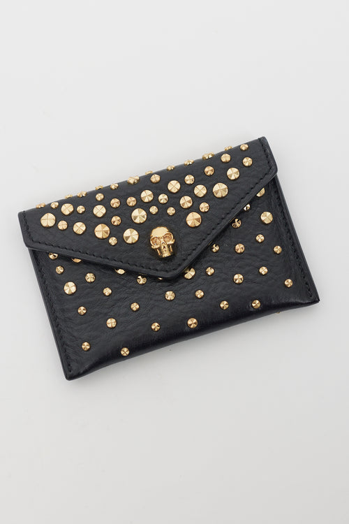 Alexander McQueen Black & Gold Leather Studded Skull Envelope Card Holder