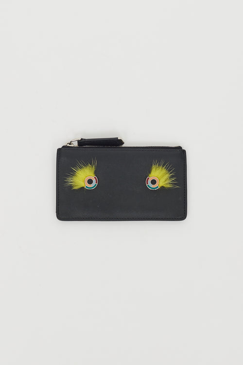 Fendi Black Leather & Fur Monster Zip Cardholder