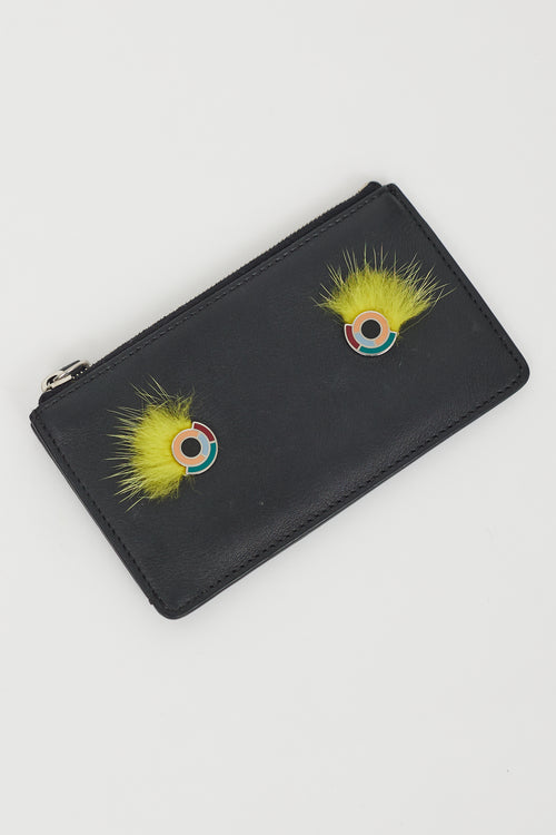 Fendi Black Leather & Fur Monster Zip Cardholder