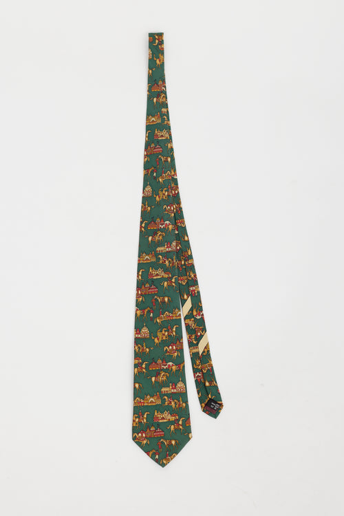 Ferragamo Green & Brown Horse Pattern Tie