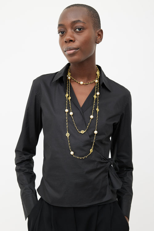 Chanel 1996 Black & Gold Tone Pearl Long Necklace