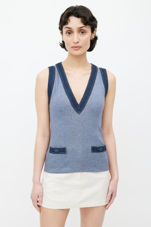 Chanel 2007 Blue Silk Blend Denim Trim Vest