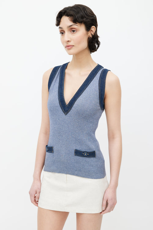 Chanel 2007 Blue Silk Blend Denim Trim Vest