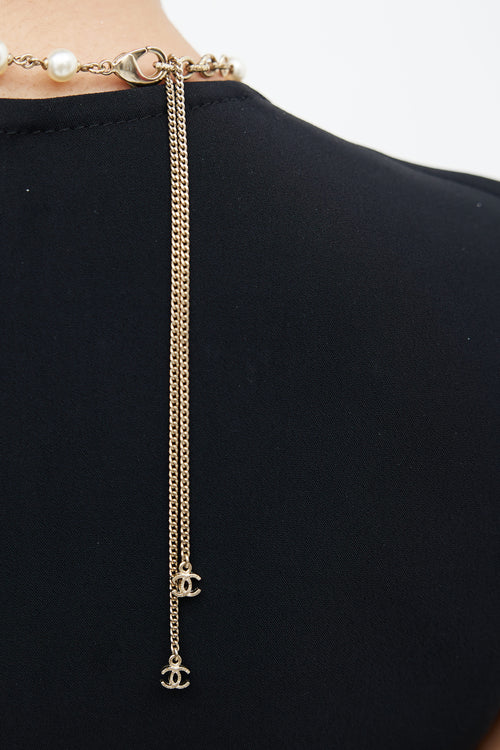 Chanel Fall 2014 Pearl & Gold Camelia CC Logo Necklace