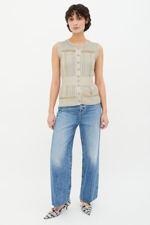 Chanel Grey & Gold Spring 2008 Metallic Knit & Chain Link Cardigan Vest