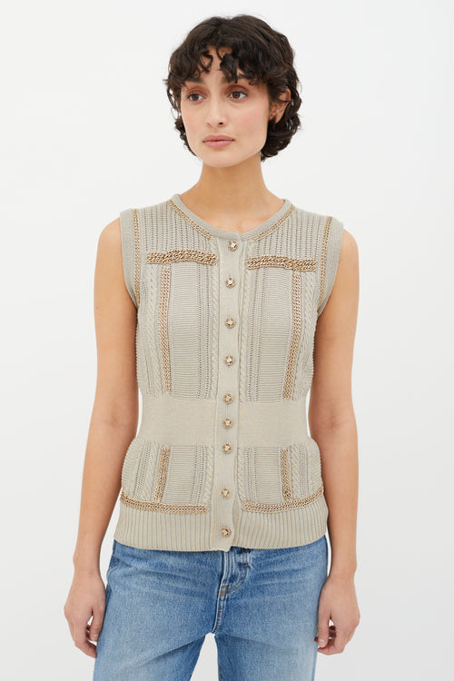 Chanel Grey & Gold Spring 2008 Metallic Knit & Chain Link Cardigan Vest