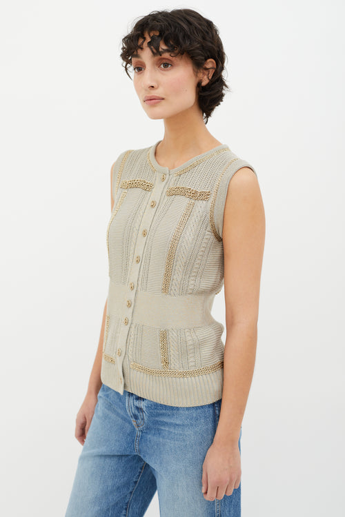 Chanel Grey & Gold Spring 2008 Metallic Knit & Chain Link Cardigan Vest