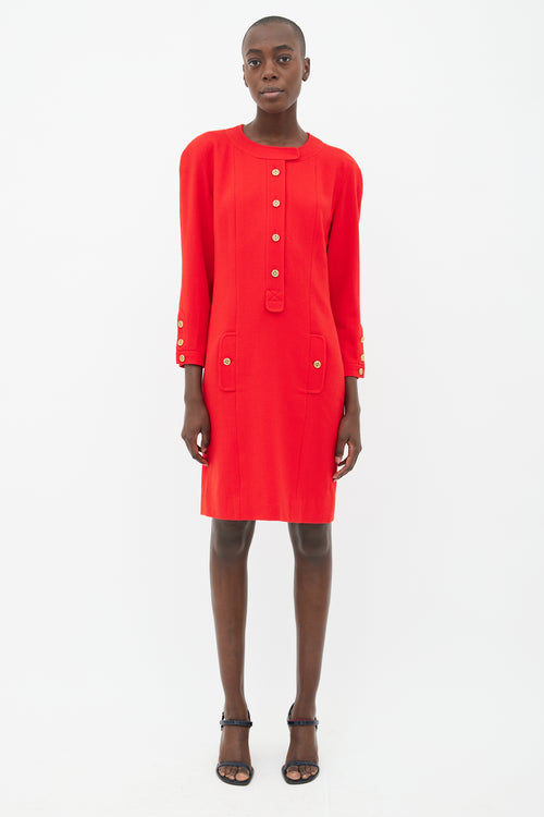 Chanel 90s Red & Gold-Tone Button Wool Dress