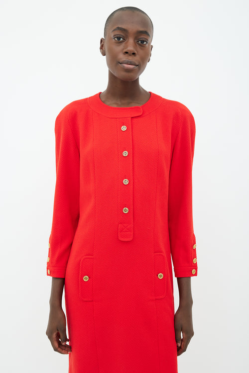 Chanel 90s Red & Gold-Tone Button Wool Dress