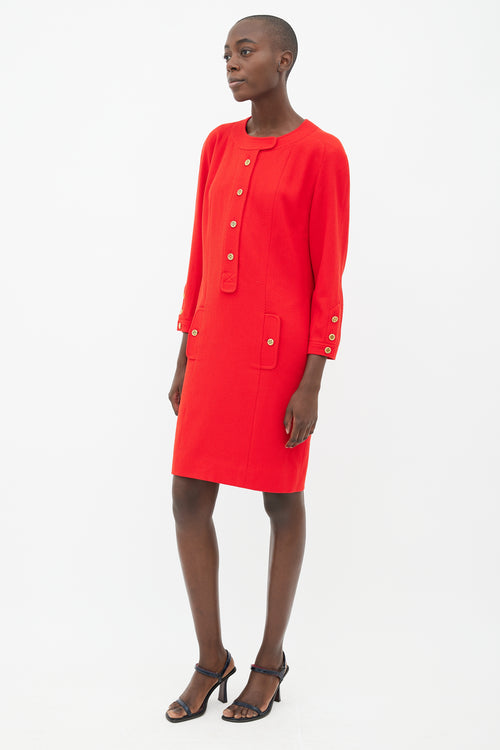 Chanel 90s Red & Gold-Tone Button Wool Dress