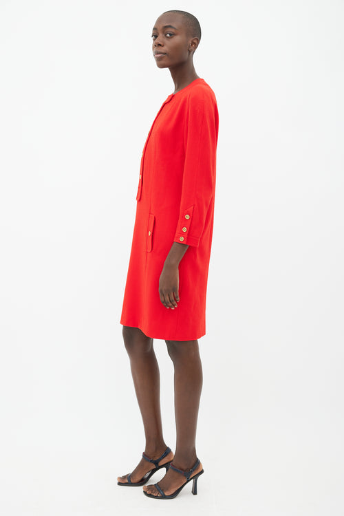 Chanel 90s Red & Gold-Tone Button Wool Dress