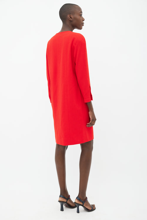Chanel 90s Red & Gold-Tone Button Wool Dress