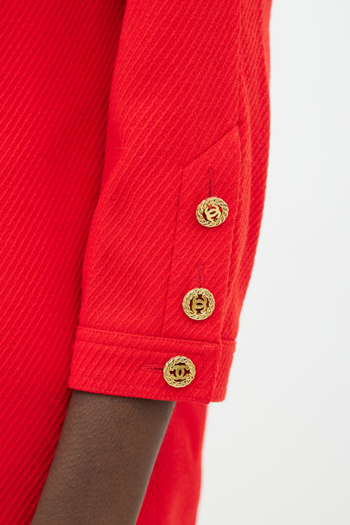 Chanel 90s Red & Gold-Tone Button Wool Dress