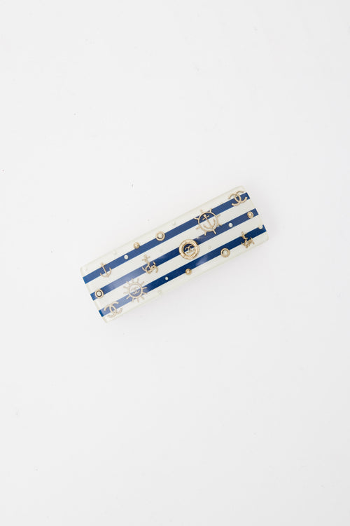 Chanel White, Blue & Gold 2010 Cruise Striped Nautical Hair Barrette