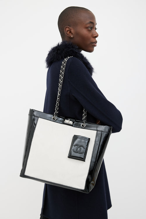 Chanel Black Patent & Cream Hair Tote Bag