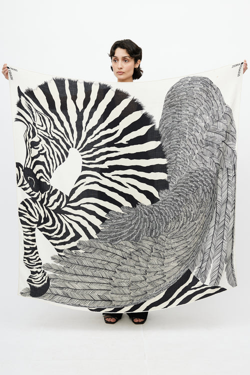 Hermès Black & Cream Cashmere Pegasus 140 Print Shawl