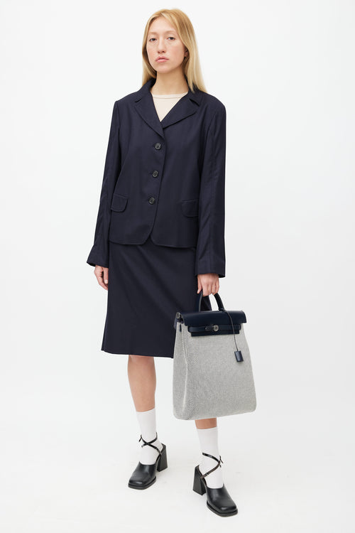 Hermès Navy & White Canvas Herbag PM Leather Backpack