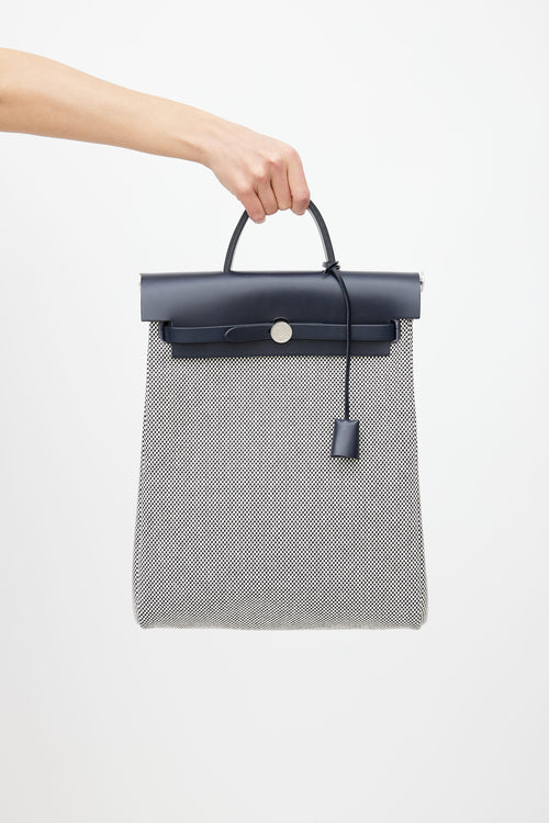 Hermès Navy & White Canvas Herbag PM Leather Backpack