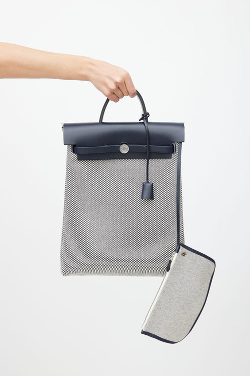 Hermès Navy & White Canvas Herbag PM Leather Backpack
