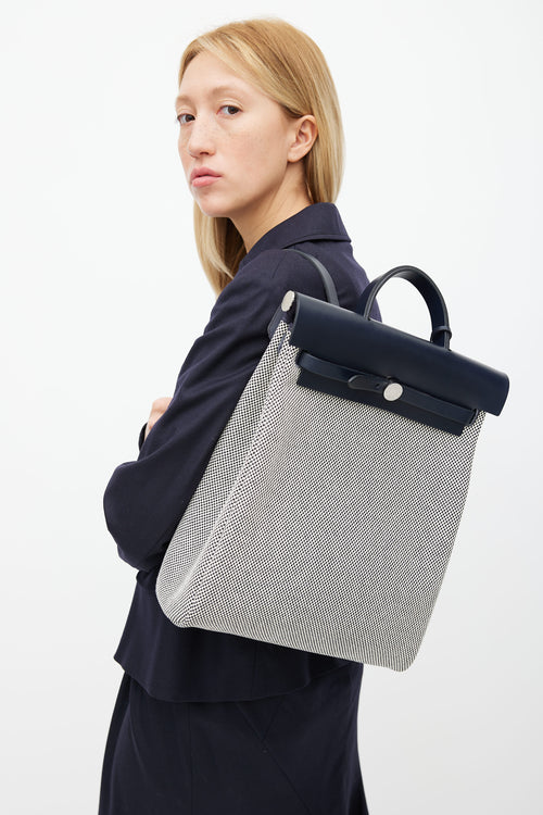 Hermès Navy & White Canvas Herbag PM Leather Backpack