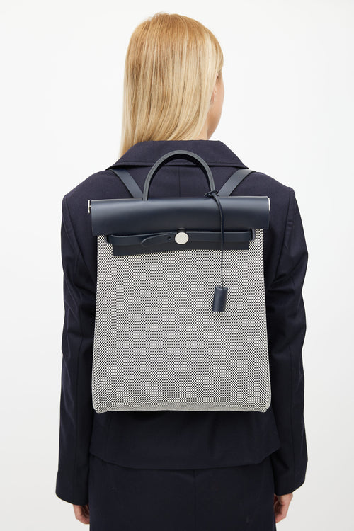 Hermès Navy & White Canvas Herbag PM Leather Backpack