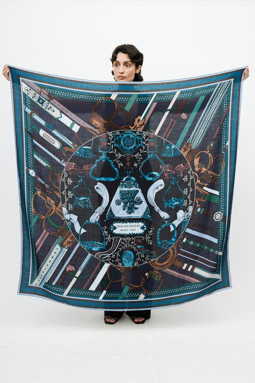 Hermès Navy Cashmere & Silk Duo D'Étries 140 Print Shawl