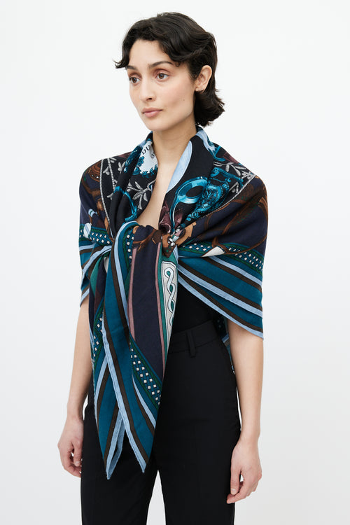 Hermès Navy Cashmere & Silk Duo D'Étries 140 Print Shawl