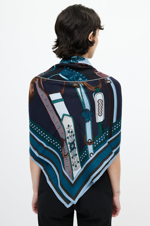 Hermès Navy Cashmere & Silk Duo D'Étries 140 Print Shawl
